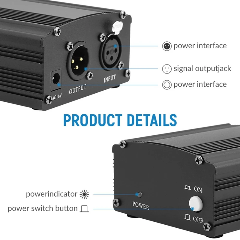 Condenser Microphone XLR Cable 48V Phantom Power Supply Microphone Phantom Power EU Plug