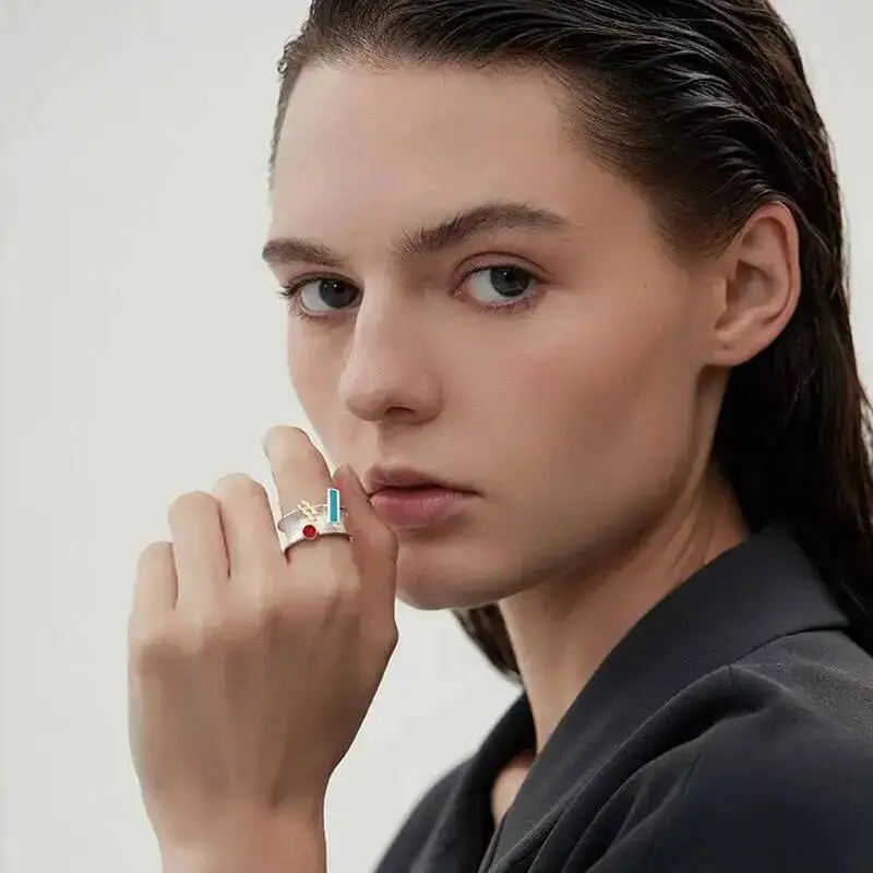 GEEZENCA 925 Sterling Silver Two Tone Colorful Zircon Wide Rings For Women Designer Chic Geometric Cocktail Ring 2023 New Gift