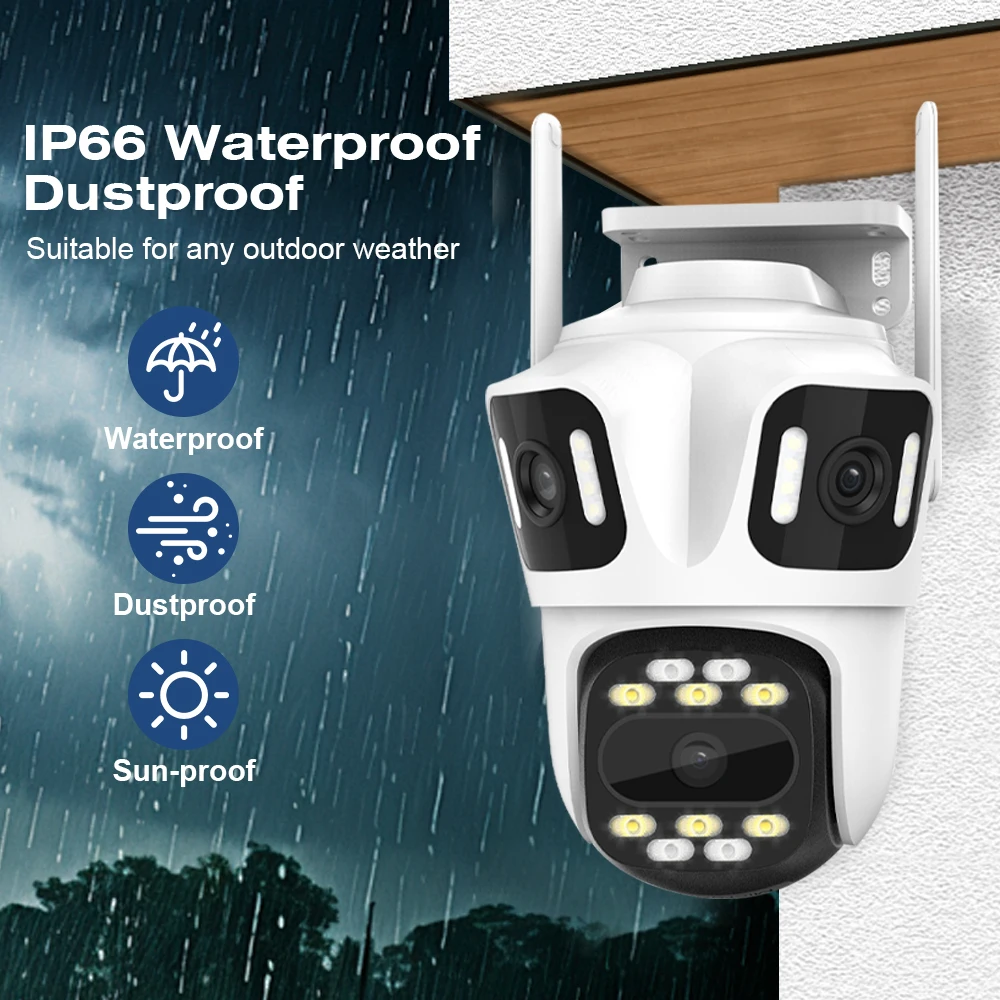 كاميرا PTZ IP بثلاثة عدسات خارجية 6K HD ثلاثة شاشات كاميرا أمان WiFi تتبع تلقائي 4K كاميرا CCTV لاسلكية مزدوجة لين iCsee