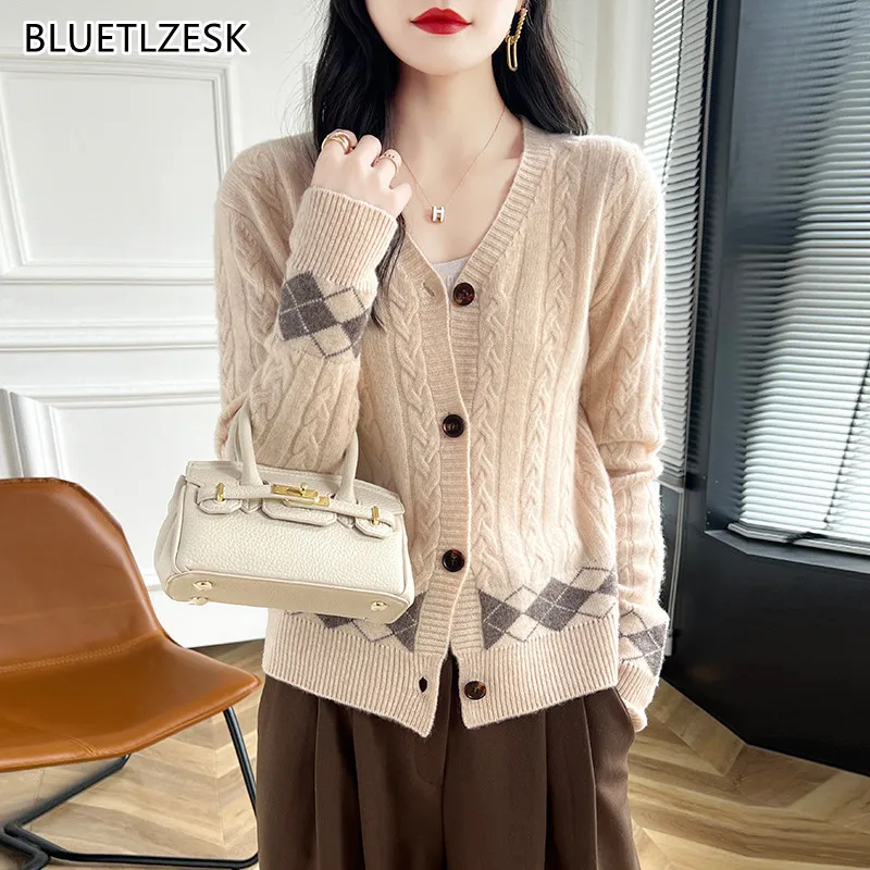 100% Wool Cashmere Cardigan Sweater Women\'s Autumn/Winter V-Neck  Knit Long Sleeve Casual Loose Clothing Korean Fashion Pullover