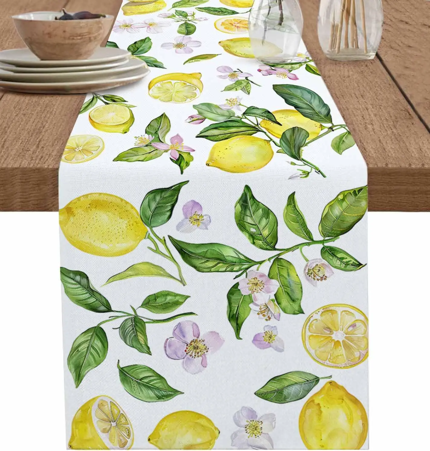 Yellow Lemon Fruits Flower Linen Table Runner Dresser Scarf 