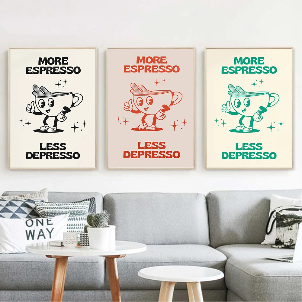 Retro Cartoo Character Coffee Canvas Painting Print Fun Kitchen Poster More Espresso Less Depresso Quotes Wall Art Picture Decor