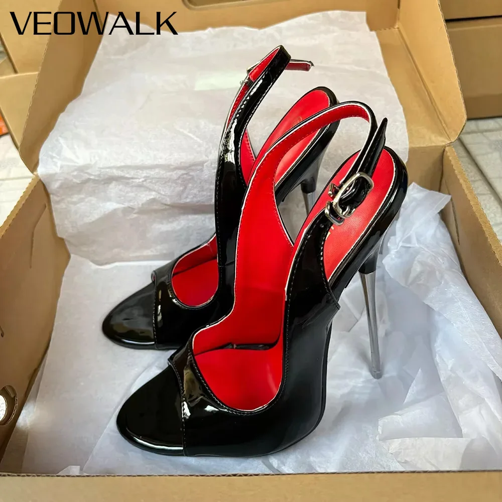 

Женские пикантные черные лакированные туфли на высоком металлическом каблуке 16 см с открытым носком на шпильке с красными акцентами, мужская обувь унисекс в стиле фетиш, большие размеры