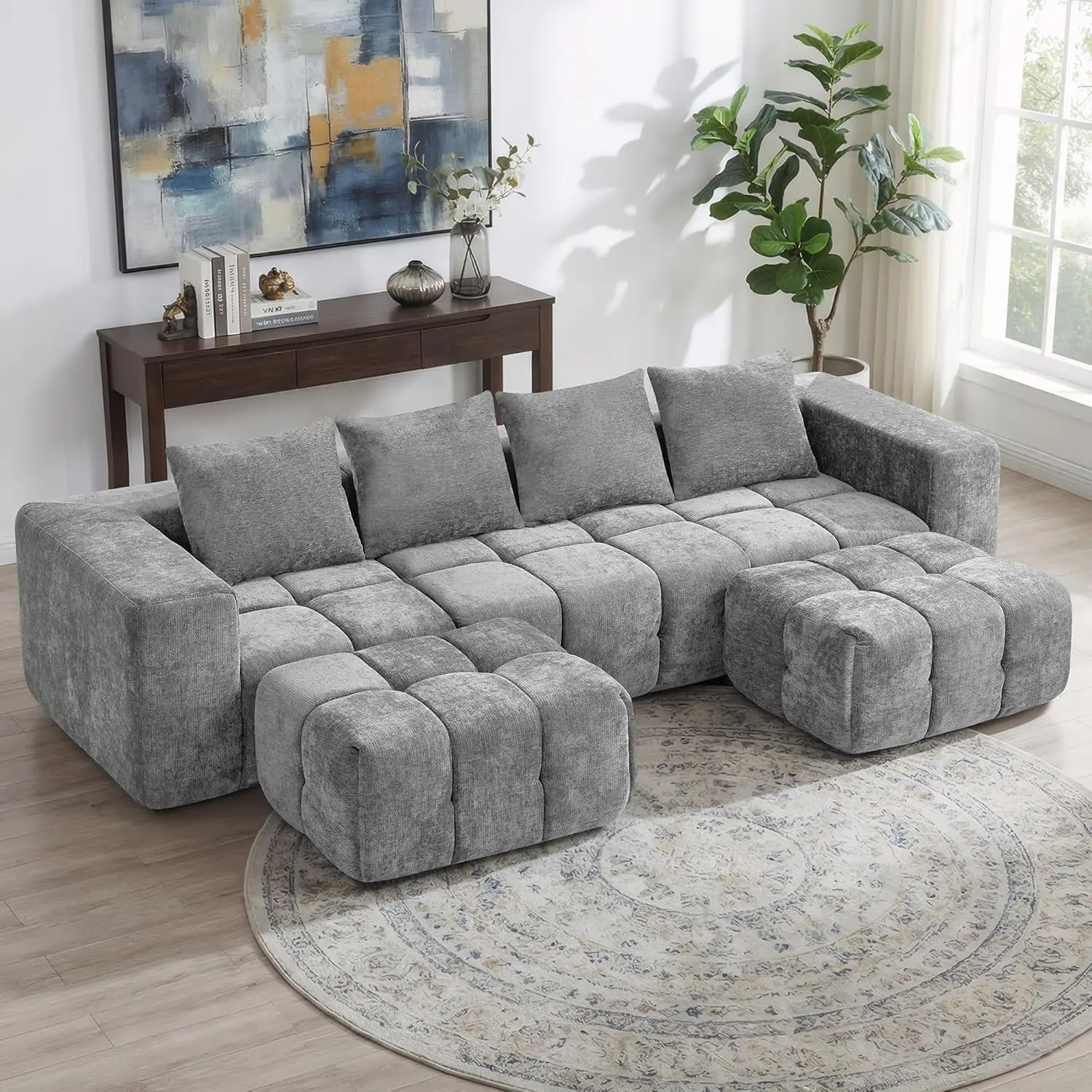 

119" Oversized U Shaped Modular Sectional Sofa Chenille Tufted Deep Seat 2 Movable Ottomans Living Room No Assembly, Customized