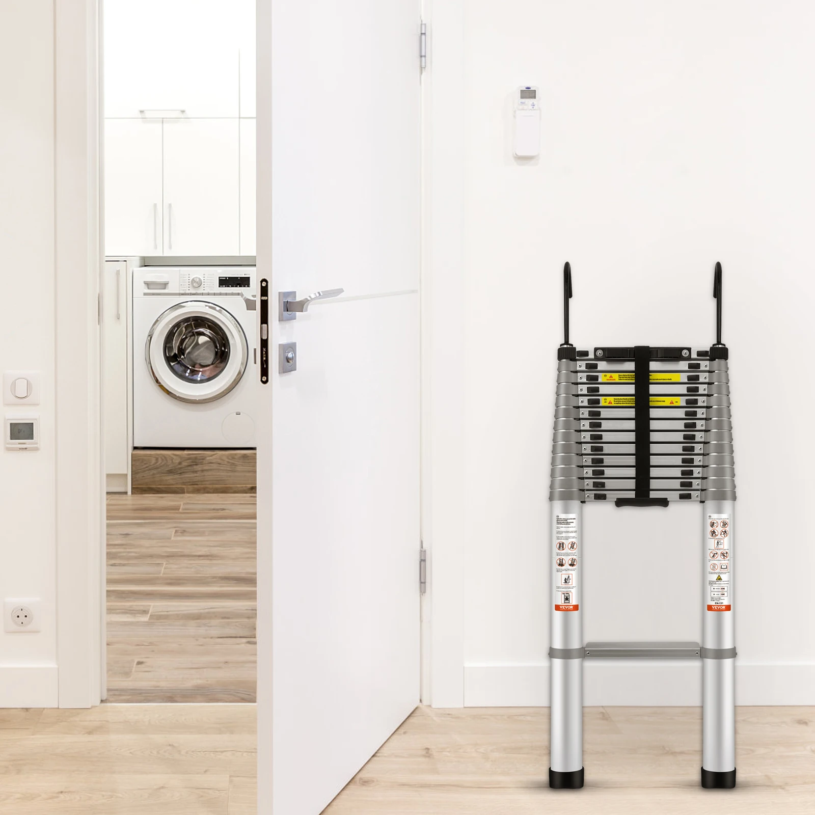 Telescoping Ladder, 18.5 FT Aluminum One-button Retraction Collapsible Extension Ladder, 400 LBS Capacity With Non-slip Feet,