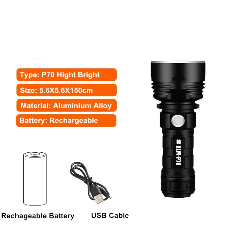 Nuovo Led P70 Potente torcia LED ricaricabile USB Torcia tattica Lampada impermeabile Lanterna ultra luminosa da campeggio Dropshipping