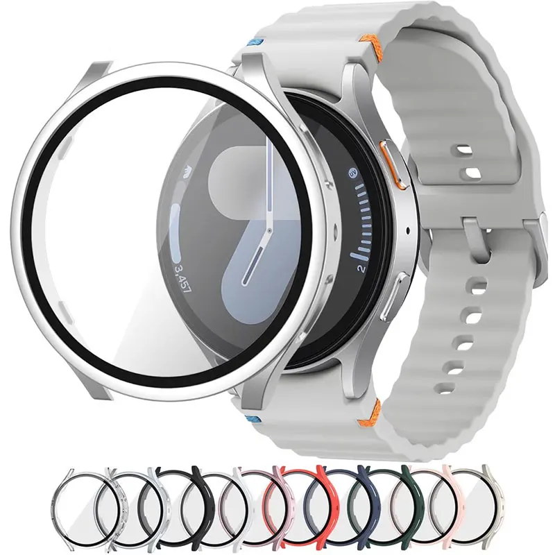 

Закаленное стекло + чехол для Samsung Galaxy Watch 7/6/5/4, чехол 44 мм, 40 мм, полный ПК, бампер, защитная пленка для экрана Galaxy Watch FE, аксессуары