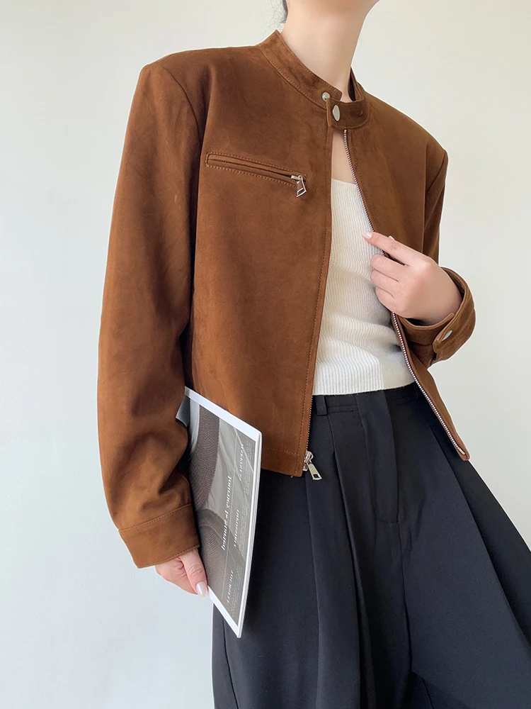 سترات كلاسيكية قصيرة من الجلد الطبيعي من جلد الغزال للنساء لربيع وخريف 2025 معطف جديد عالي الجودة بسيط بياقة واقفة معطف من جلد الغنم الحقيقي النحيف #2