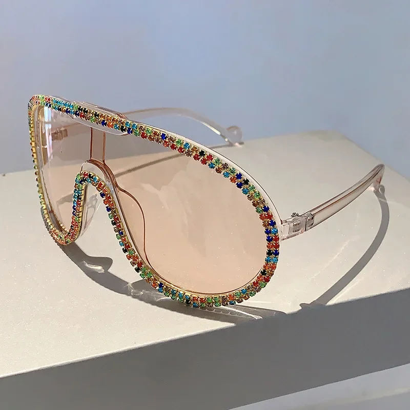 Pilot Sunglasses Women For Female Luxury Brand Designer Oversized Sun Glasses Vintage Big Frame One Piece Diamond Crystal Shades