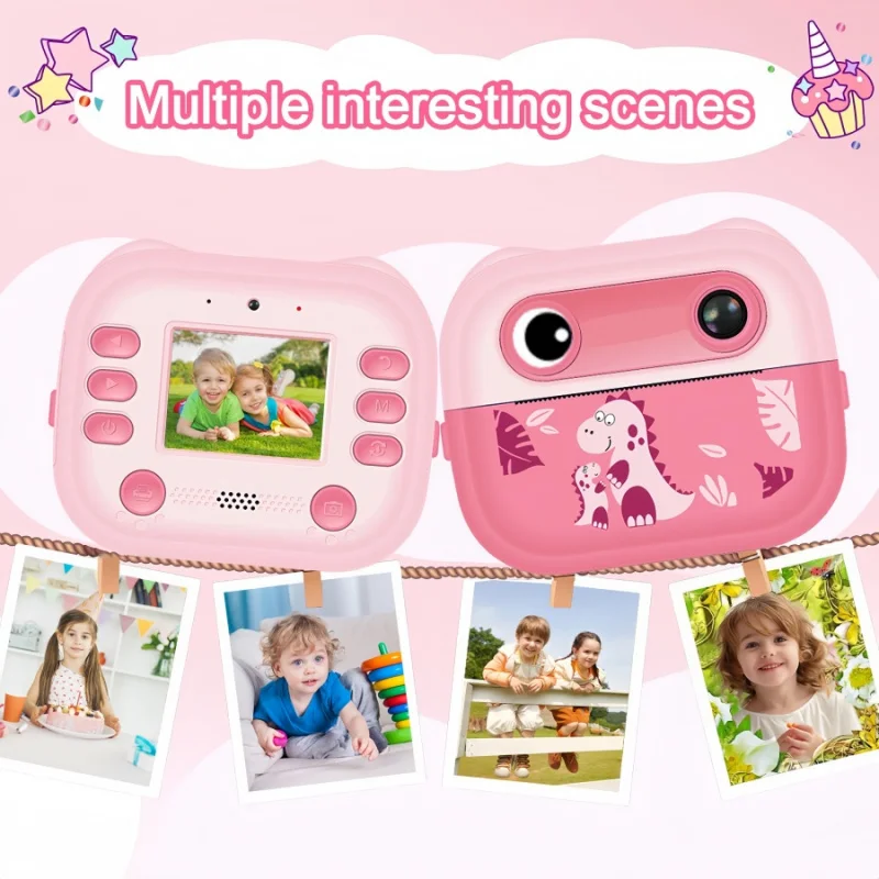 كاميرا رقمية للأطفال من بولارويد بدقة عالية مع طباعة الصور، كاميرا لعبة على شكل ديناصور لطيف