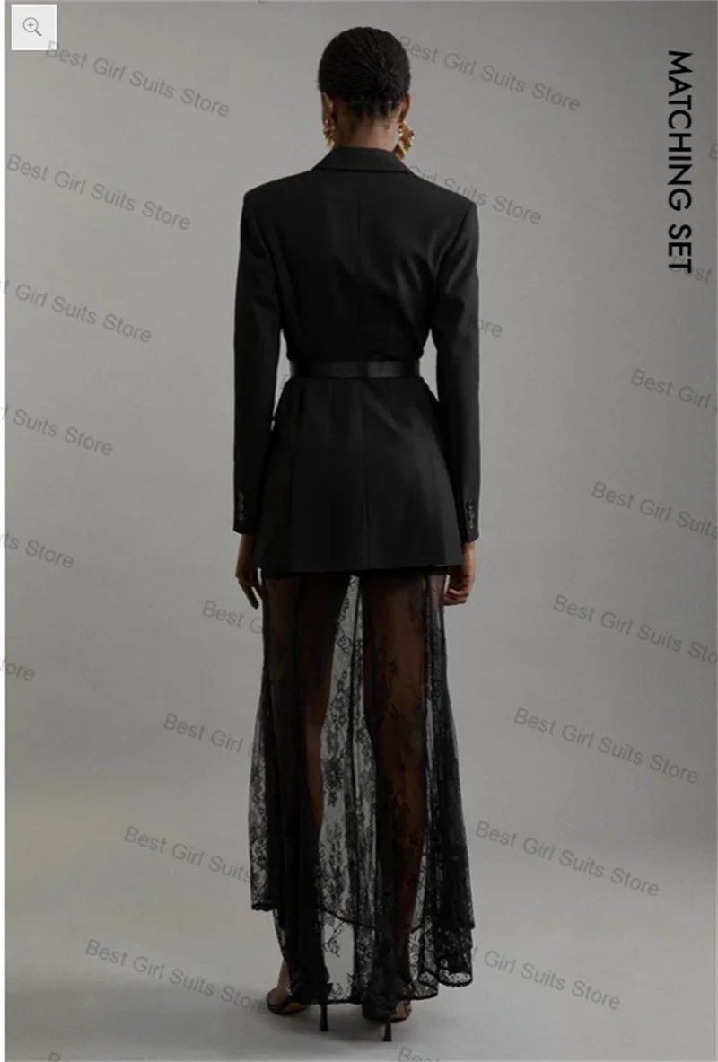 

Black Lace Women Suit Skirt Set 2 Pcs Belted Blazer+Prom Dress Spring Autumn Formal Office Lady Jacket Customized Wedding Coat