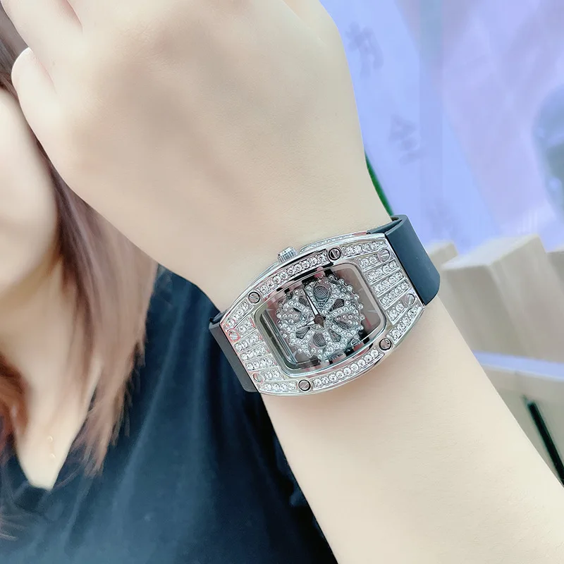 Barrel-Shaped Women's Watch Fashion Diamond-Studded Starry Sky Hollow Rotating Silicone Strap Waterproof Wristwatch