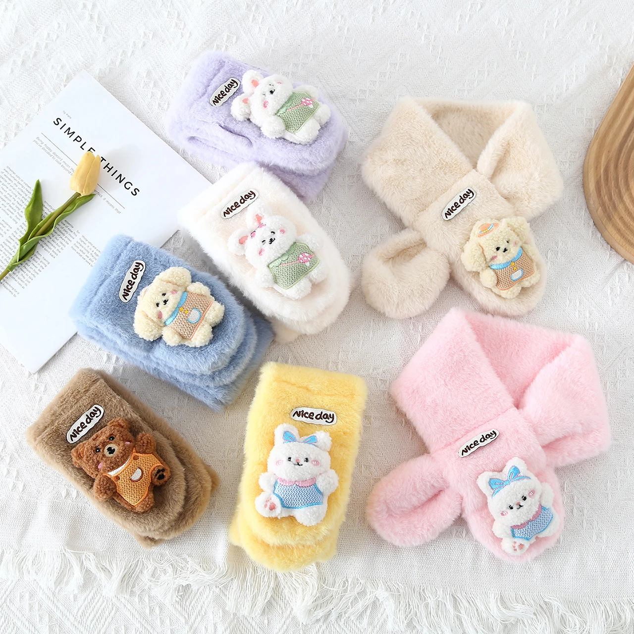 Thick Faux Rabbit Fur Baby Scarf Cute Cartoon Kids Cross Neckerchief Boy Girls Winter Warm Neck Cover Parent-child Plush Scarves