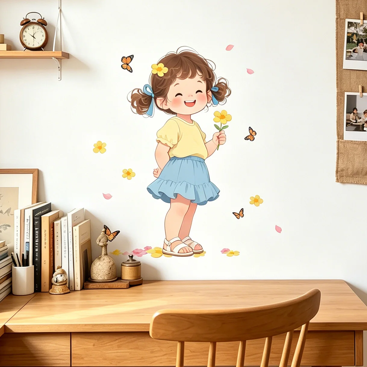 Cute Cartoon Little Girl Wall Stickers Pigtail Girl Holding Yellow Flower Butterflies Petal Wall Decals Removable Girls Door Nur