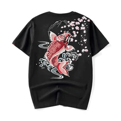 Men Brocade Carp Embroidery Short Sleeve Tshirt Summer Brand Cotton Oversized T Shirt Male Top Clothing 2024 Z1