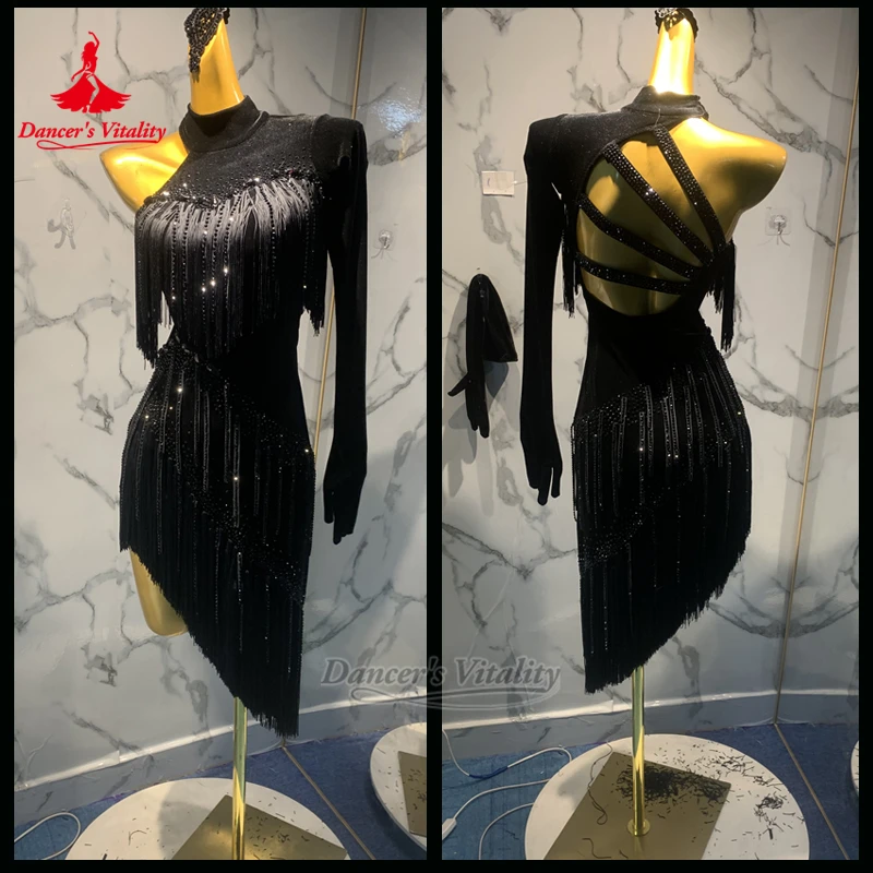 فساتين تشاتشا سامبا السالسا النسائية ذات الرقبة العالية مهدب مسابقة الرقص اللاتينية للبالغين وأداء الملابس حيوية الراقصة المخصصة #1