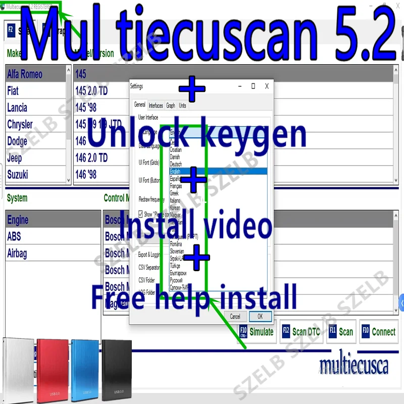 2026 Hot Sell, Multiecuscan V5.2 for FiatChryslerDodgeJeepSuzuki Scanner Software Can for ELM327 Fiat Adapter Unlimited Use