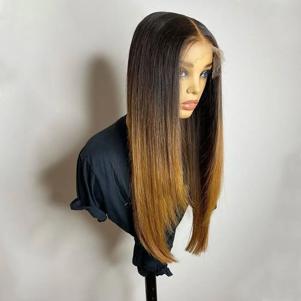 Wig Rambut Depan Lace 26 Inci, Ombre Pirang, Lurus Lembut, Kepadatan 180, untuk Wanita Kulit Hitam, dengan Baby Hair dan Hairline Alami, Sudah Preplucked