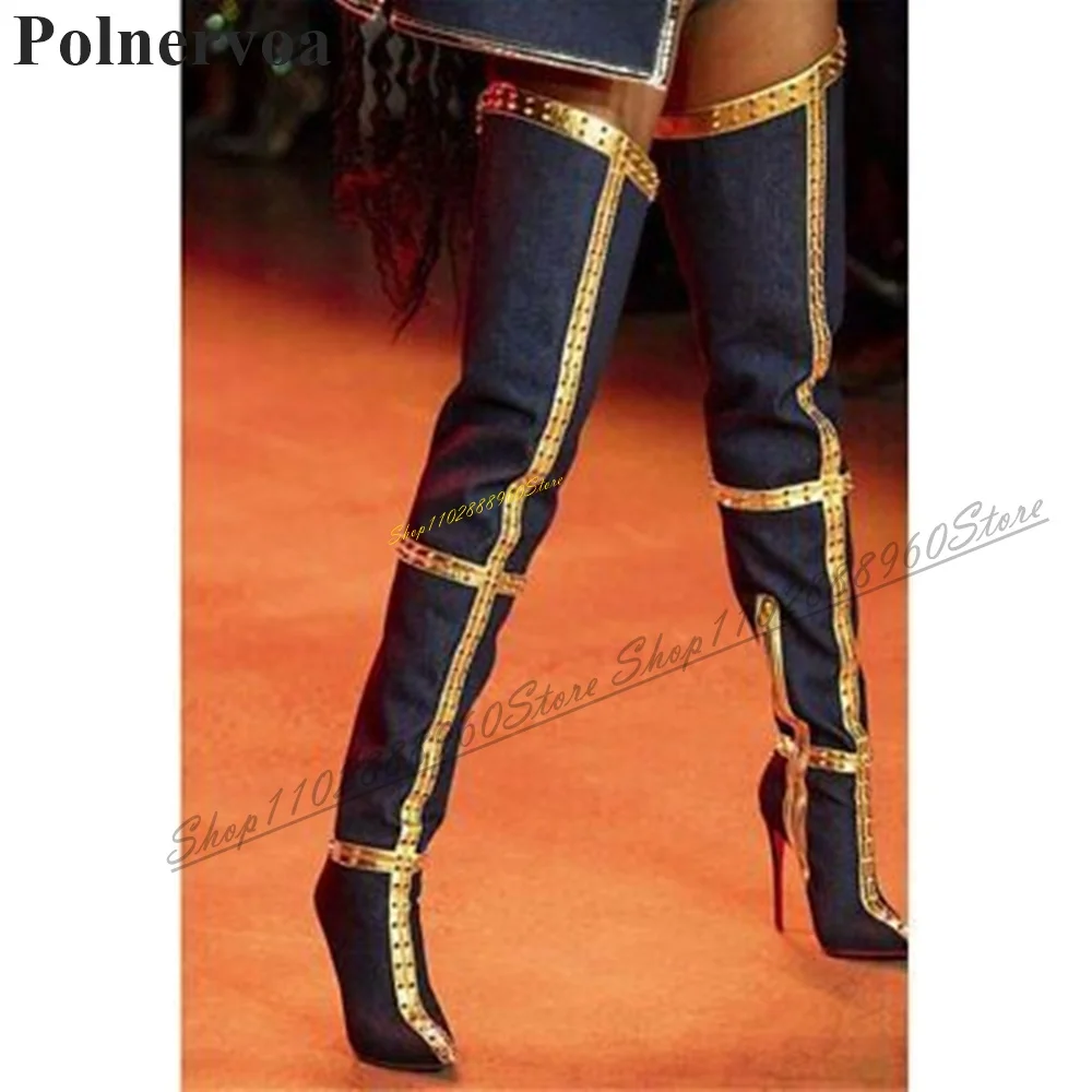 Beveled Rivet Decoration Thigh High Boots Thin High Heel Women Shoes Side Zipper Pointed Toe 2024 Fashion Zapatos Para Mujere