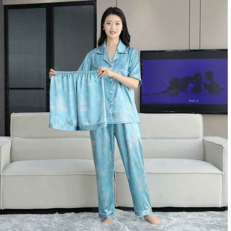 Ice Silk Pajamas Sets 2026 New Women Spring Summer Thin Comfortable Cardigan Shirt And Pants 2/3 Piece Sleepwear Homewear Suits