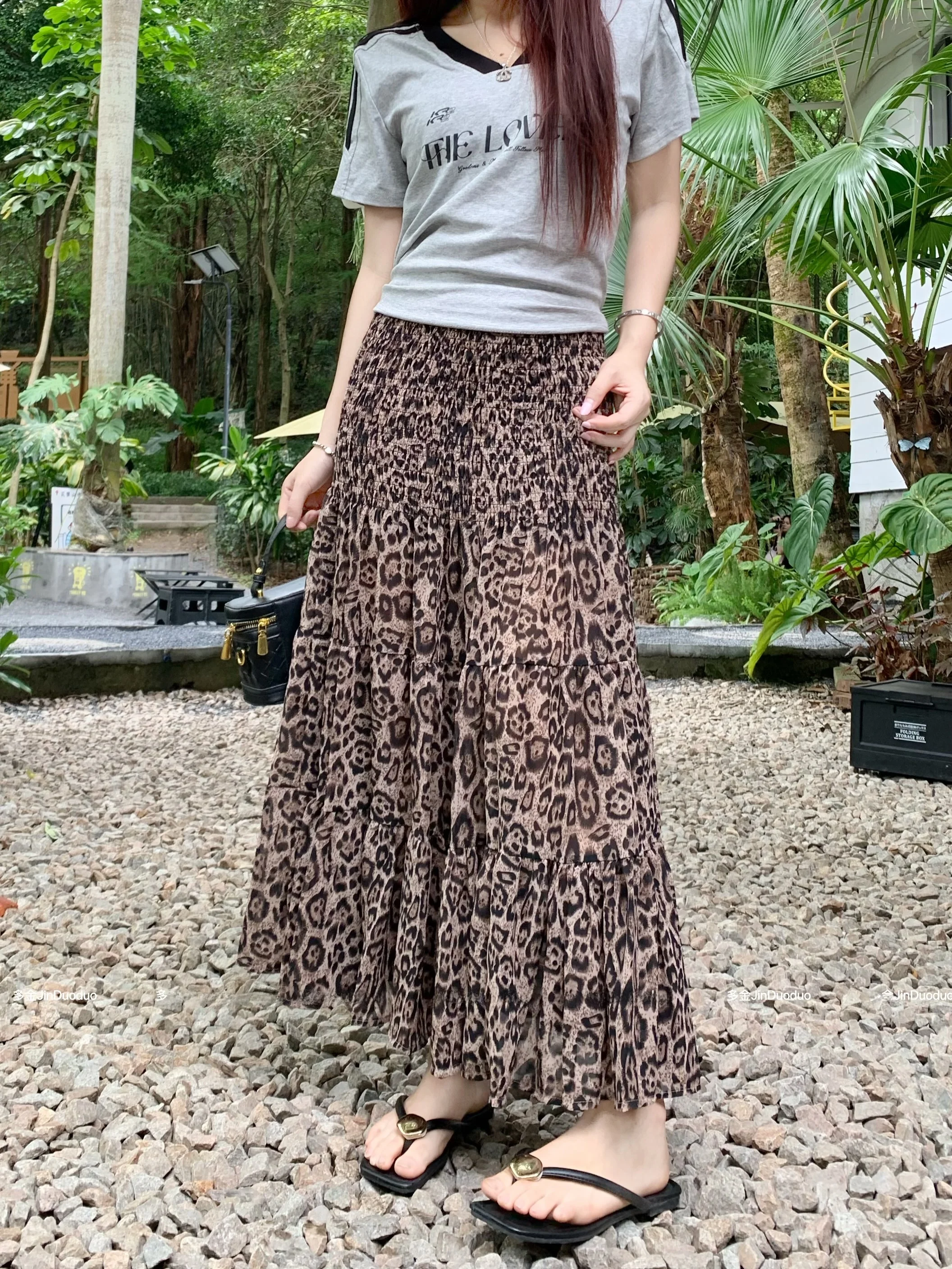 

Summer Design Retro Slim Fit Leopard Print Half Skirt A-Line Skirt Women's High Waist Pleated Wrap Body Long Skirt