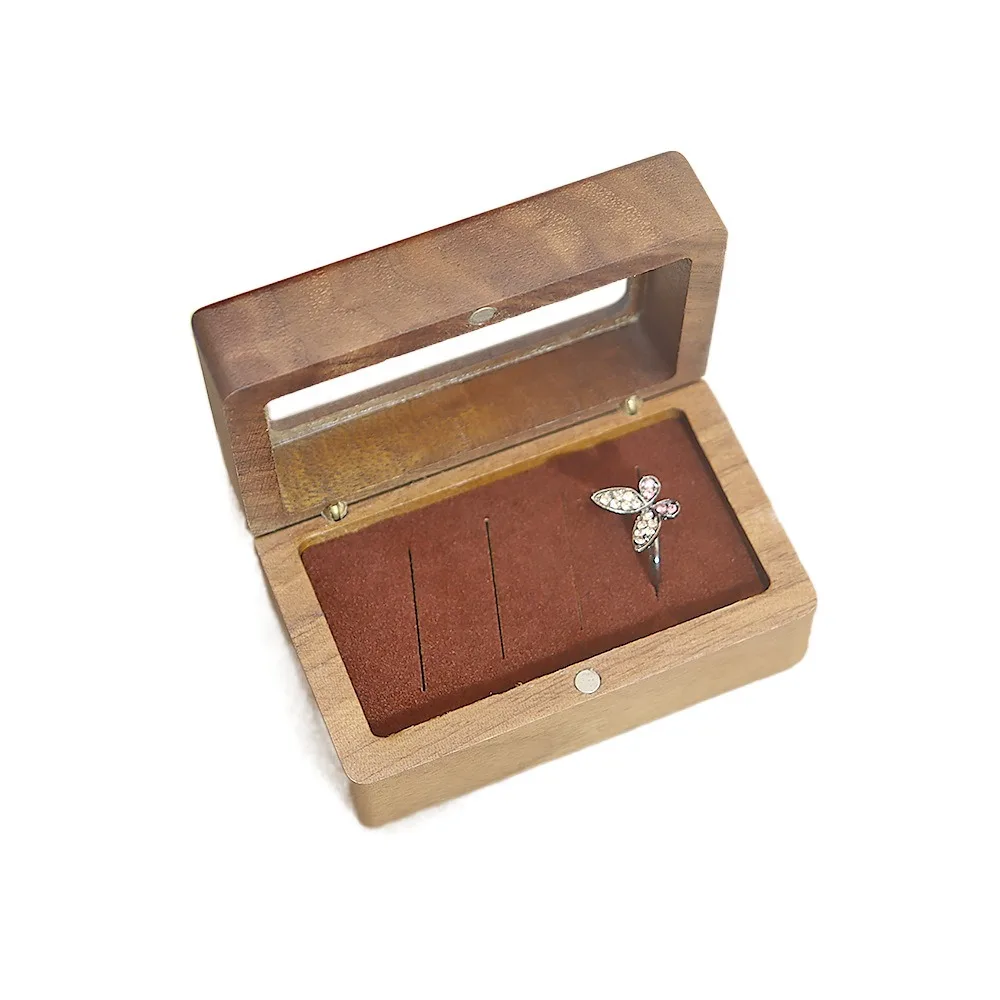 

4 Slots Square Rings Holder Magnetic Cover Opening Window Black Walnut Cufflinks Box Rectangular Wooden Ring Box
