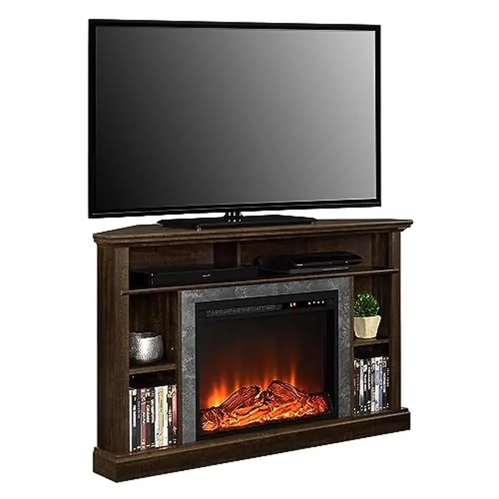 Corner Fireplace TV Stand Electric Insert Heater Remote Control Timer Realistic Log 50 Inch TVs Organize Audio Video Equipment