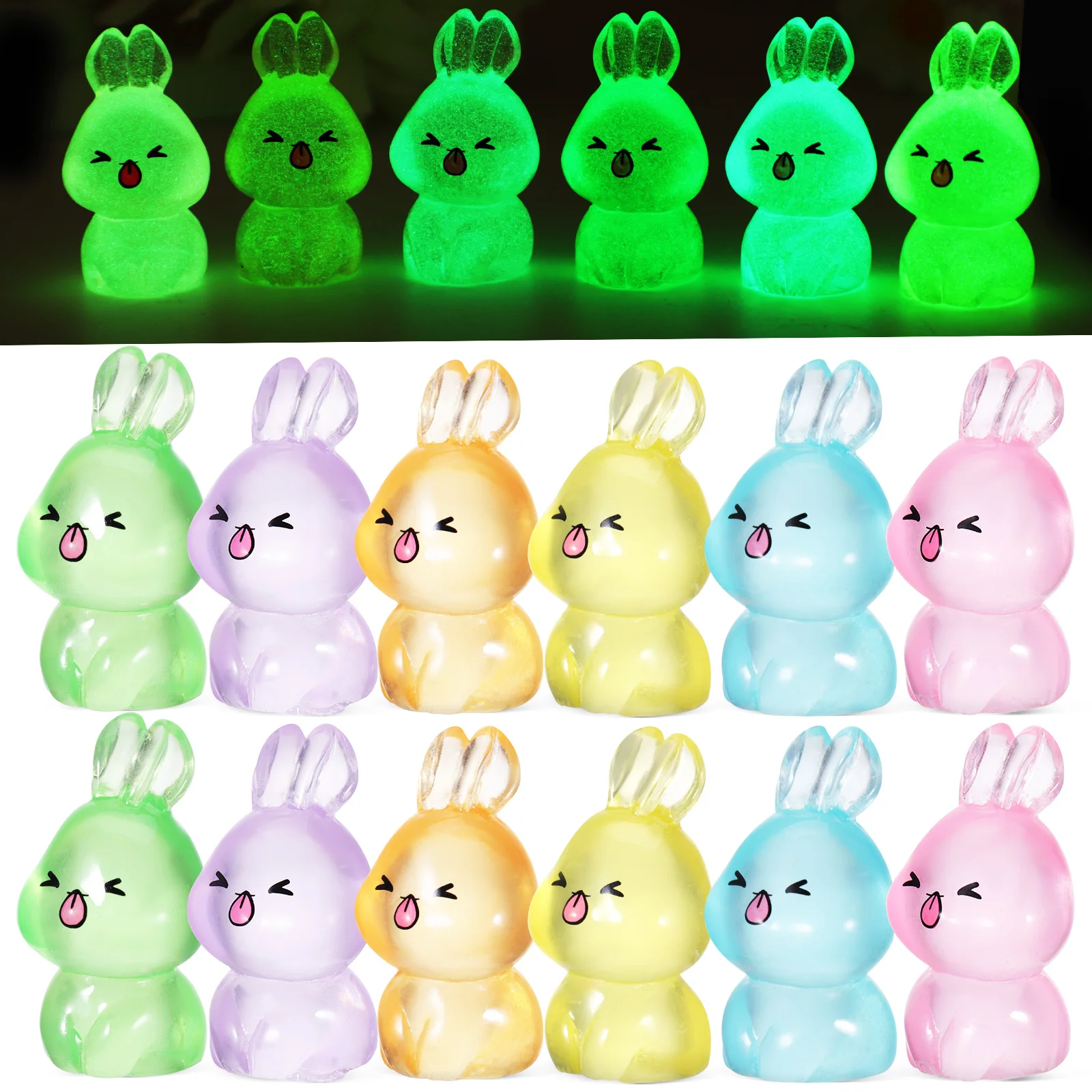 

84 Pcs Night Glow Long Ear Rabbits Resin Bunny Figurines Soft Glow Bedroom Study Decor Multiple Colors Miniature Car Ornament