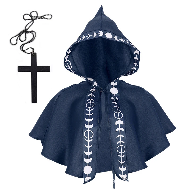 Grim Reaper Cape Medieval Steampunk Halloween Costumes for Women Cosplay Christian Magician Cloak Cross Priest Witch Party Dress