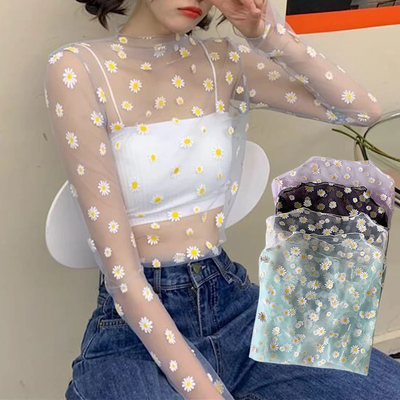 Sexy Mesh Transparent Blouses Tops Harajuku Mesh Tops Long Sleeve See Through T Shirt Women Sweet Embroidery Daisy Bottom Shirts