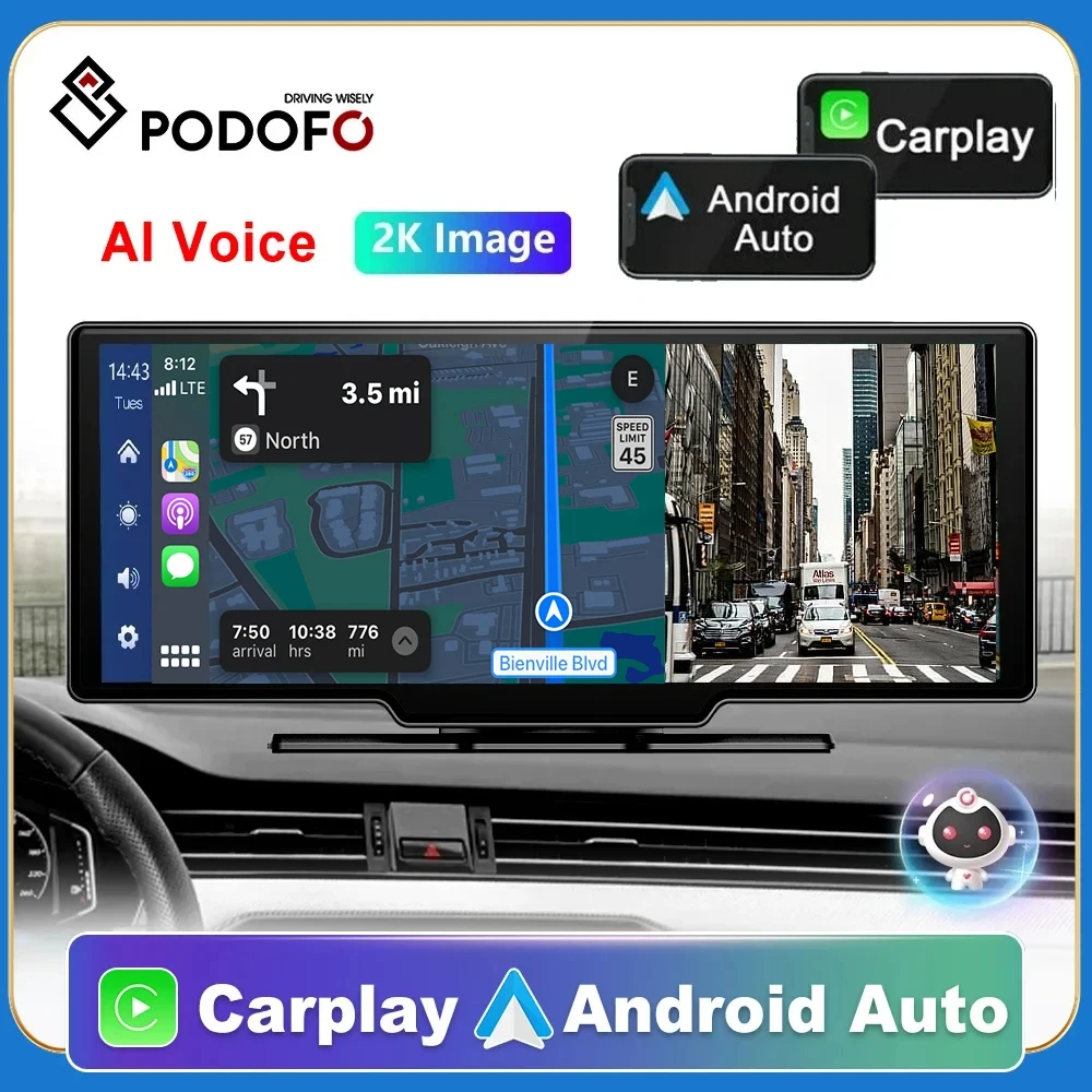 Podofo Autospiegel, Videoaufzeichnung, Carplay und Android, kabellose Verbindung, GPS-Navigation, Armaturenbrett, DVR, AI-Sprache