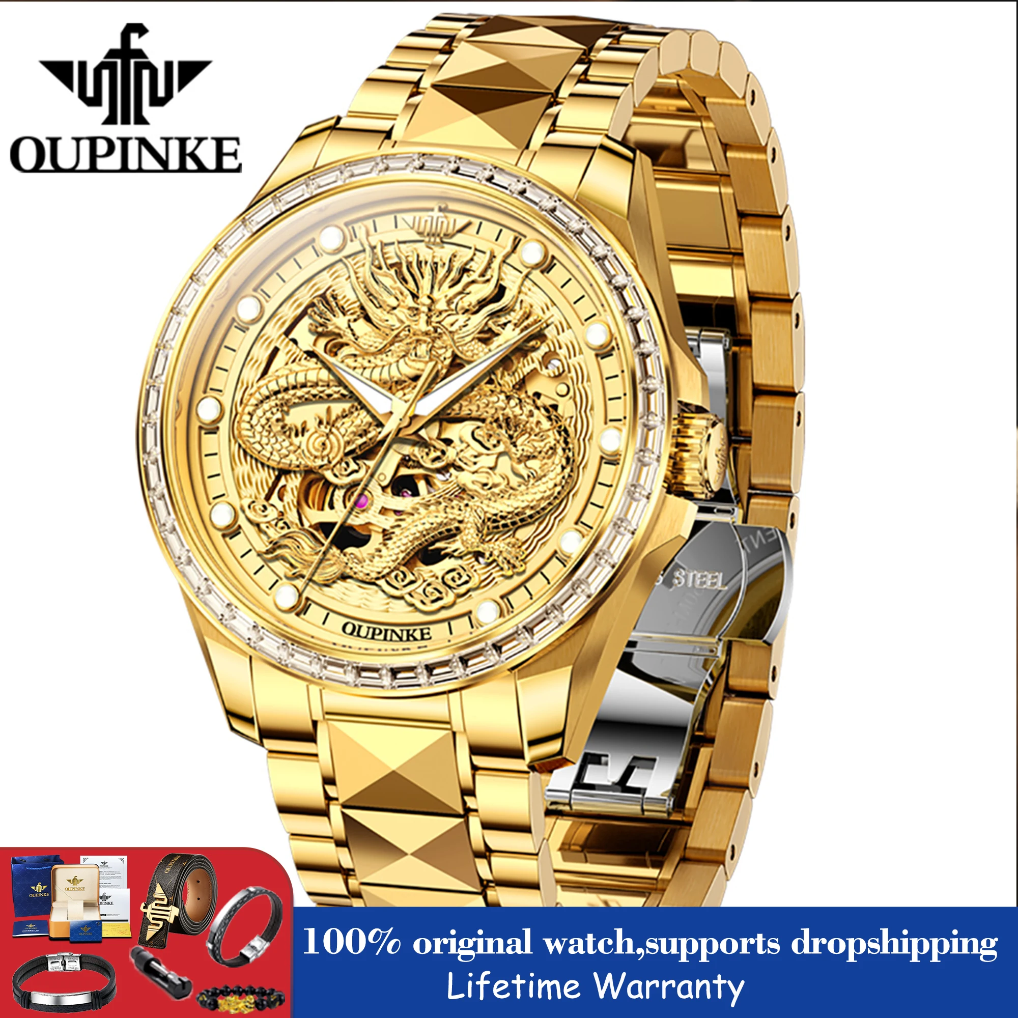 OUPINKE3276 Herrenuhr Drache Automatik Armbanduhr Wolframstahl Wasserdicht Mechanische Uhr für Herren Luxus Top-Marke