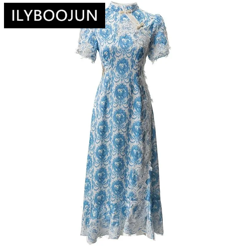 

ILYBOOJUN Fashion Designer Summer Women's Stand Collar Short Sleeve Lace up Single-Breasted Beading Printed BacklessDresses