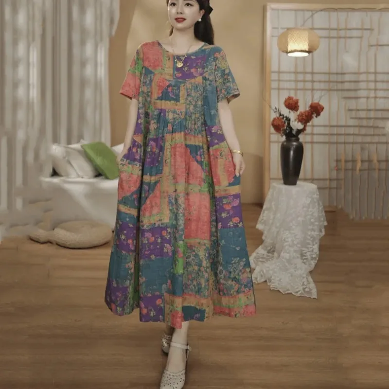 

Women's Vintage Floral Cotton Linen Dress Short Sleeve Loose Casual Maxi Dress