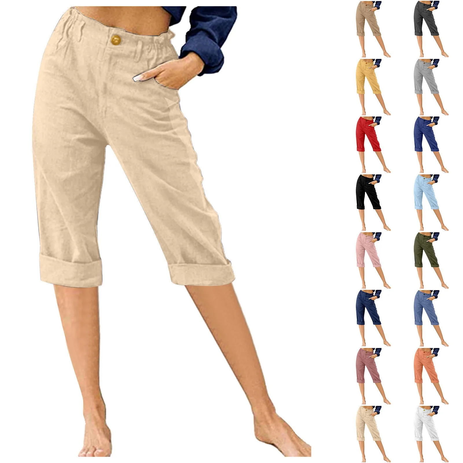 Summer Women's Linen Straight Leg Cropped Pants Button Front Ankle Capri Pants Lightweight Cotton Linen Mid Rise Casual Trousers