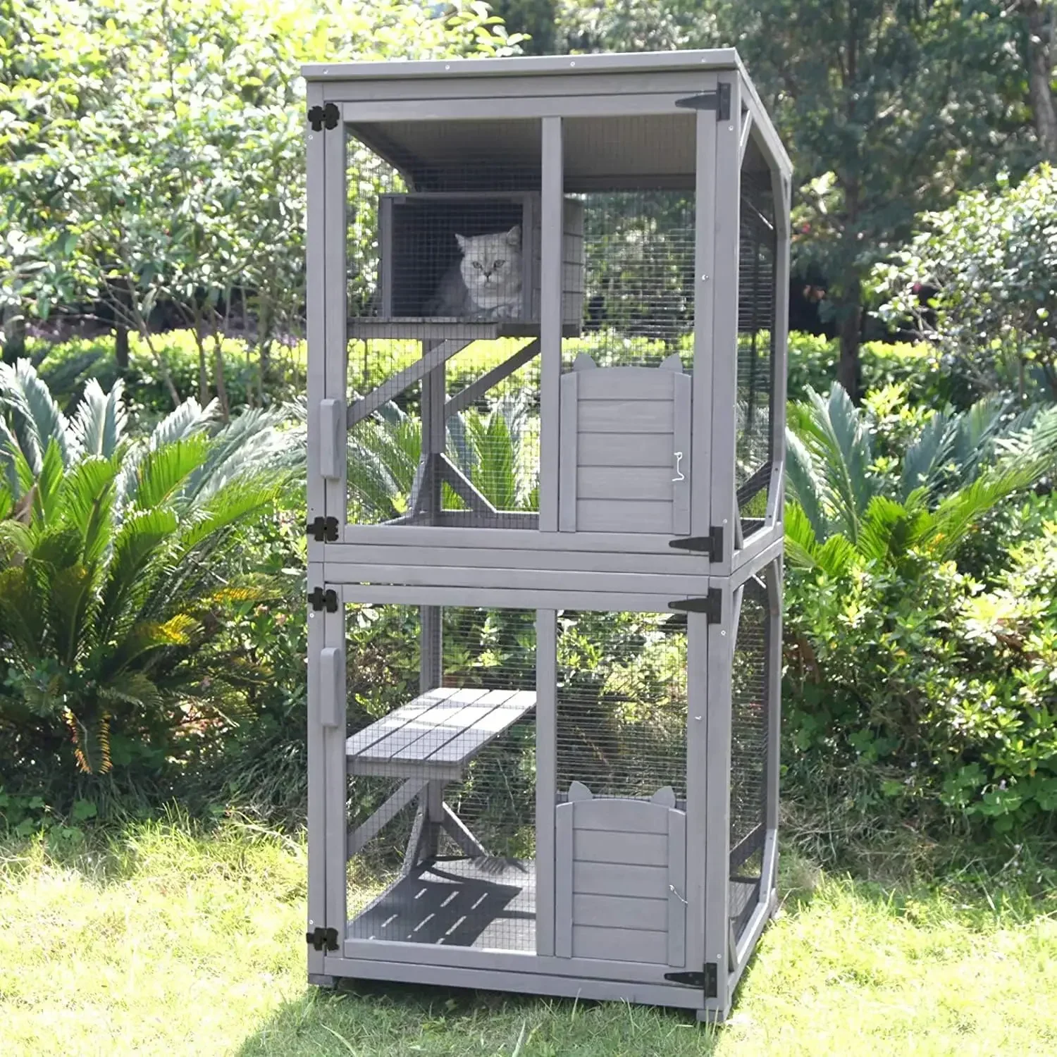 Cat House Outdoor Cat Catio Wooden Large Enclosure with Run on Wheels 70.9