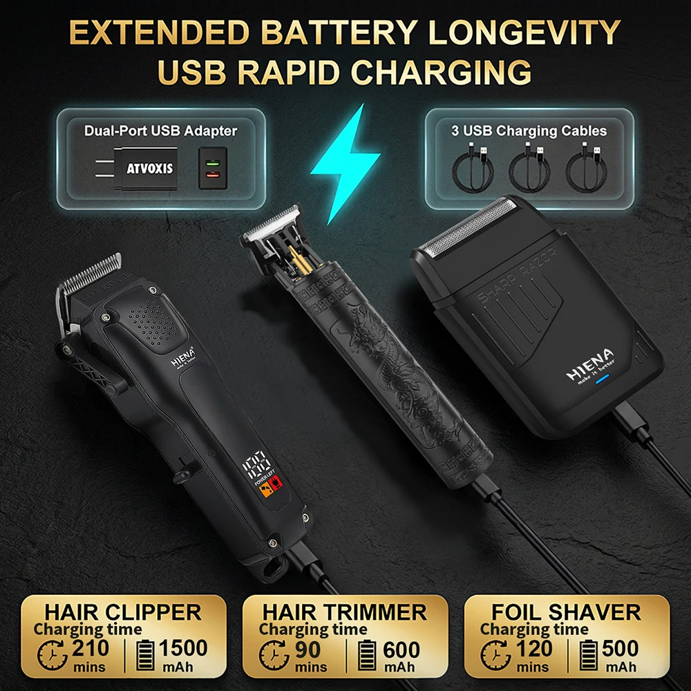 HIENA 3in1 Hair Clippers Set Men Professional Hair Trimmer Waterproof Led Digital Display Electric
