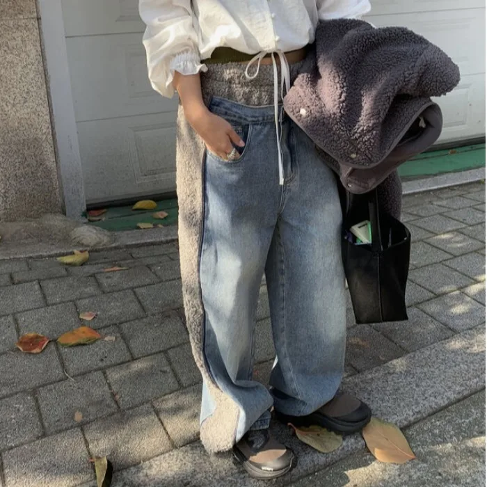 شيك المرأة Fce منقوشة مطاطا Waisand الدافئة الدنيم Sweatpants فضفاضة تناسب الخريف الشتاء بناطيل كاجوال مربوط الكفة الجينز