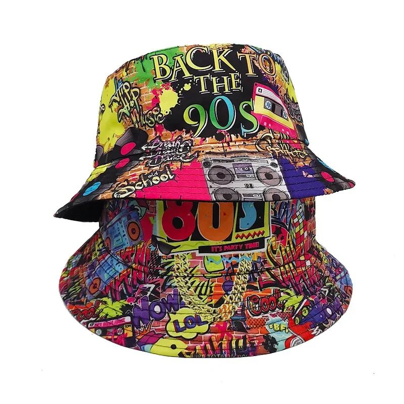 Unisex Retro Nostalgic 90S Print Bucket Hat Spring Summer Double-sided Hip-hop Magnetic Strap Sun Hat Beach Basin Hat