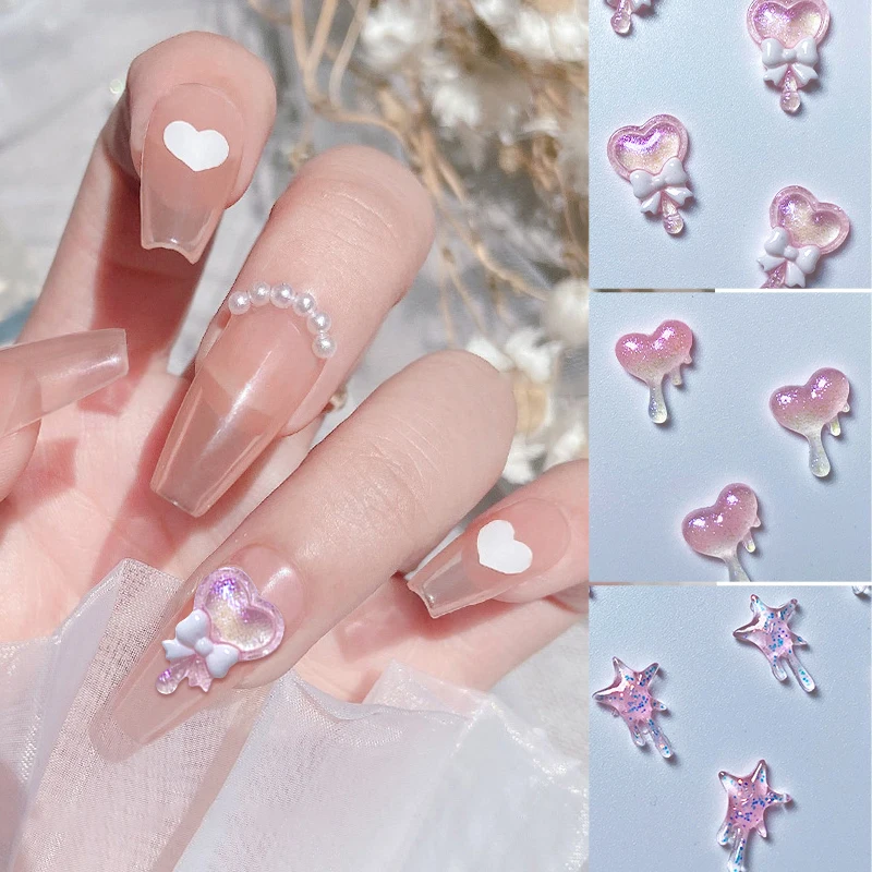 20Pcs Pink Auroras Glitter Heart Shaped Kawaii Nail Rhinestones 3D Grow-In-Dark Transparent Nail Charms DIY Nail Art Accessories