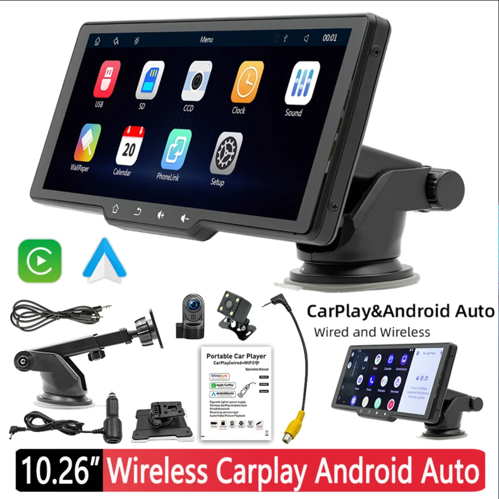 10.26 Inch Multimedia Player HD Touchscreen Wireless Carplay Android Auto Bluetooth-compatible IPS Display USB SD FM Transmitter