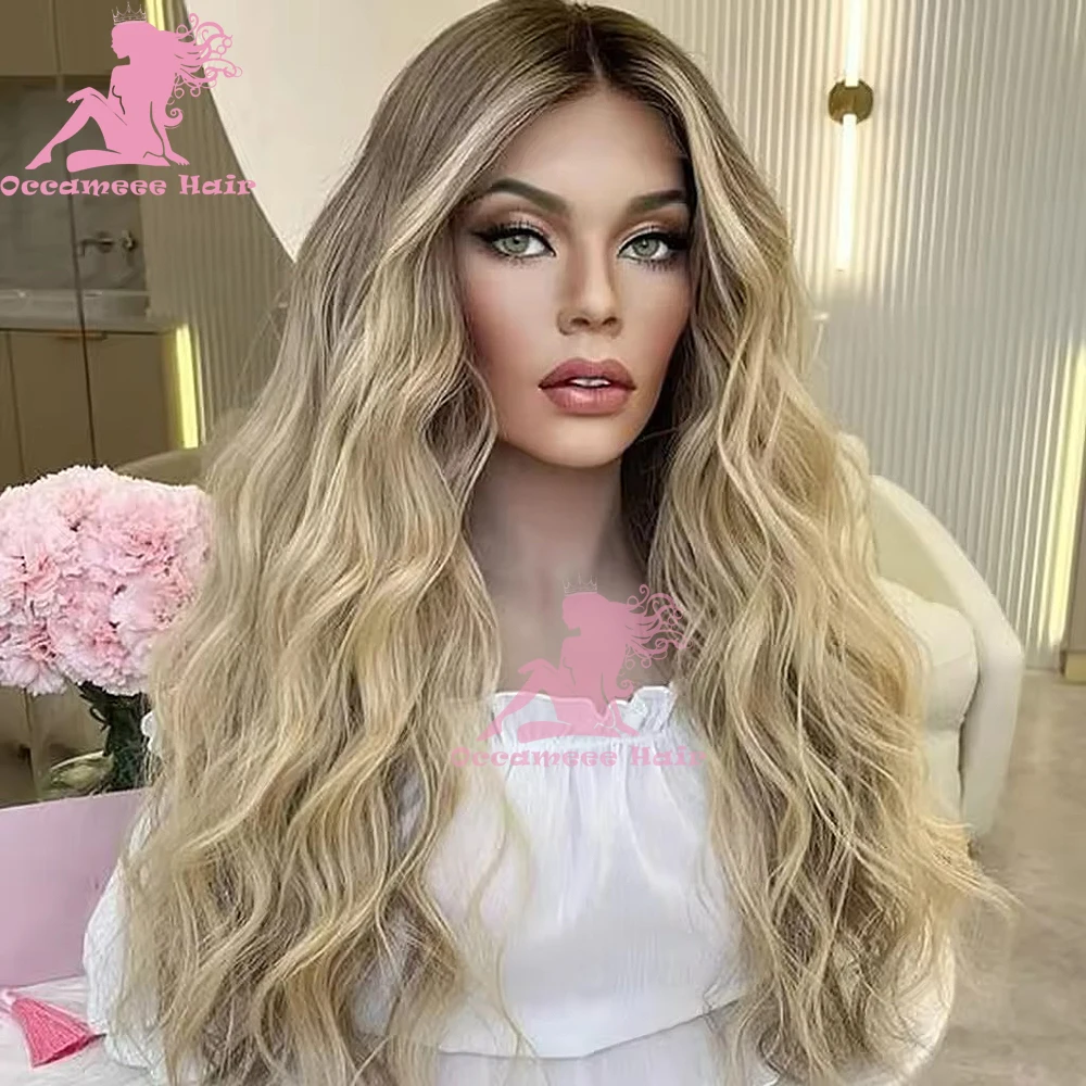Human Hair Lace Frontal wig Highlights Blonde Full Lace Wig Brown Root 100% Virgin Human Hair Woman  Wigs Natural Hairline