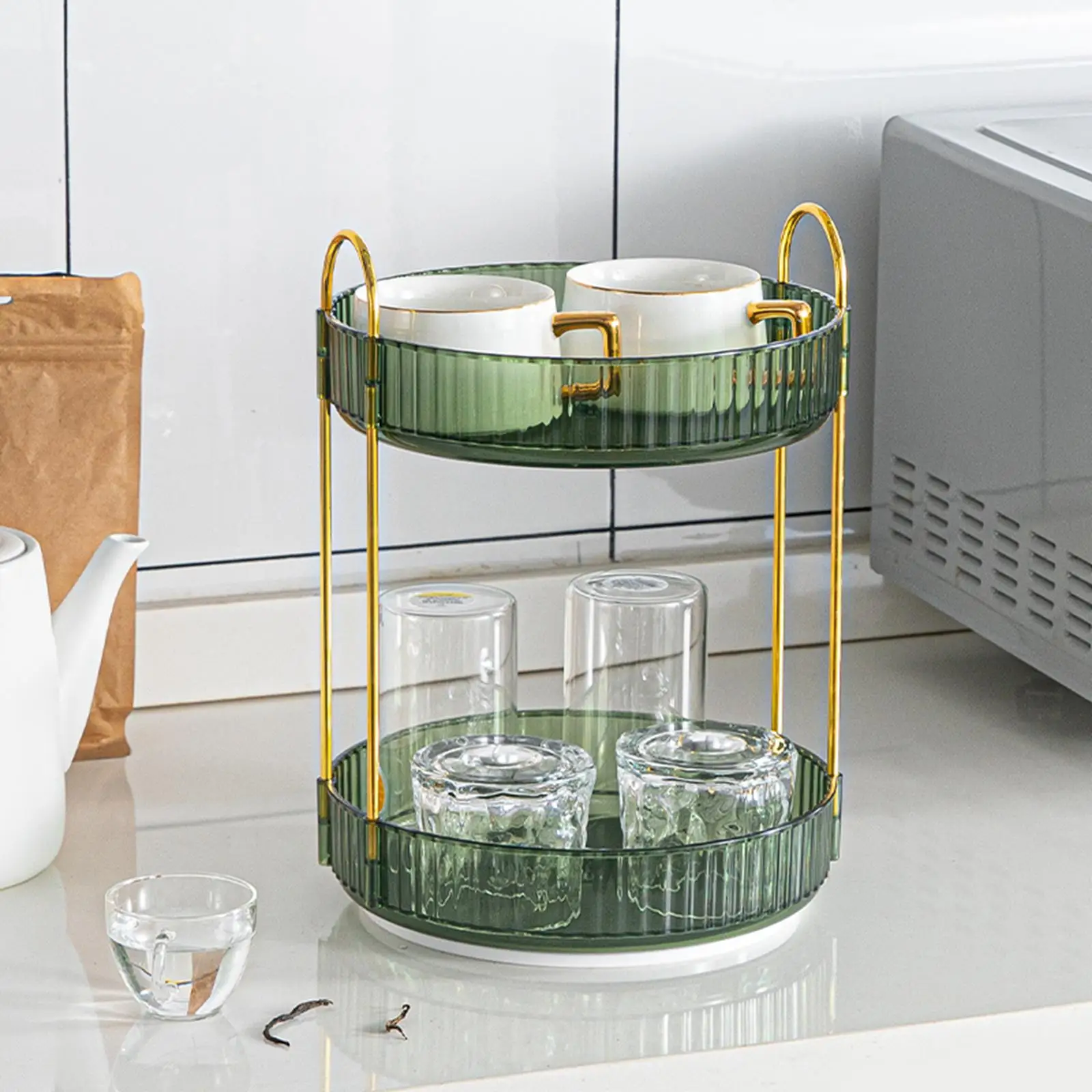 

360 Degree Rotating Makeup Storage Organizer Plastic Cosmetics Display Tray for Dorm Bathroom and Kitchen