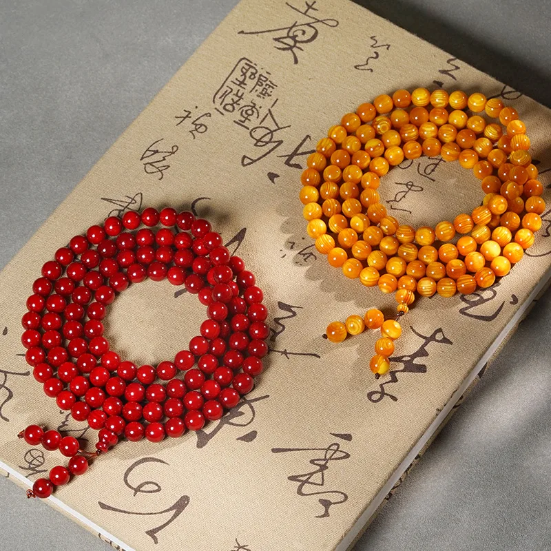 Natural Jadeized Amber Wood 108 Beads Multi Loop Bracelet High Oil Translucent Unisex Collectible Jewelry
