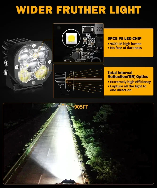 Auxbeam 3 Inch 80W LED Work Lights Driving Light Pods with DT Harness for Truck Pickup Offroad