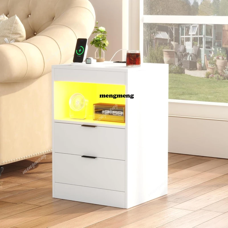 LED Nightstand Charging Station Bedside Table with 3 Drawers and LED Lights End Table Sofa Couch Side Table Pull-Out Shelf White