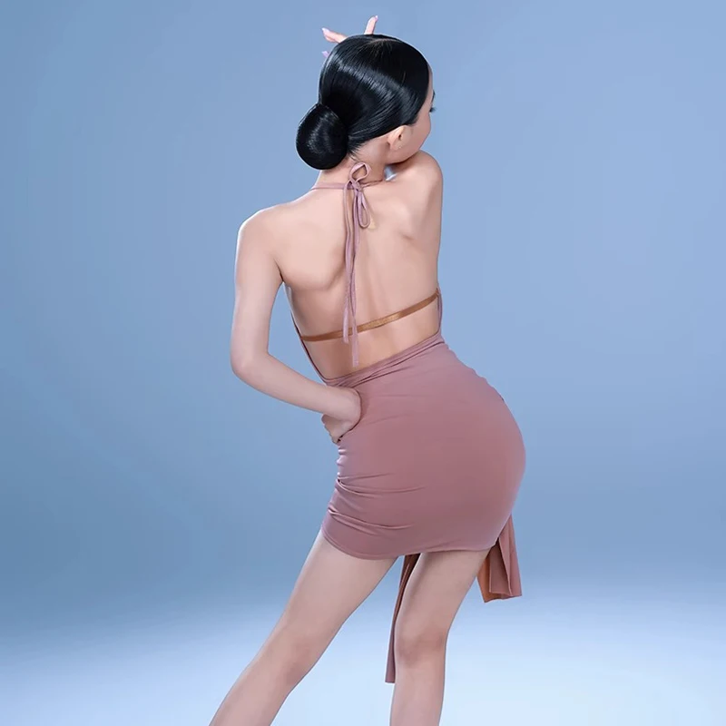 子供セクシーなラテンダンスドレス衣装女の子のための背中の開いたホルタースカートチャチャサンバルンバトレーニングパフォーマンスダンスウェアスーツ