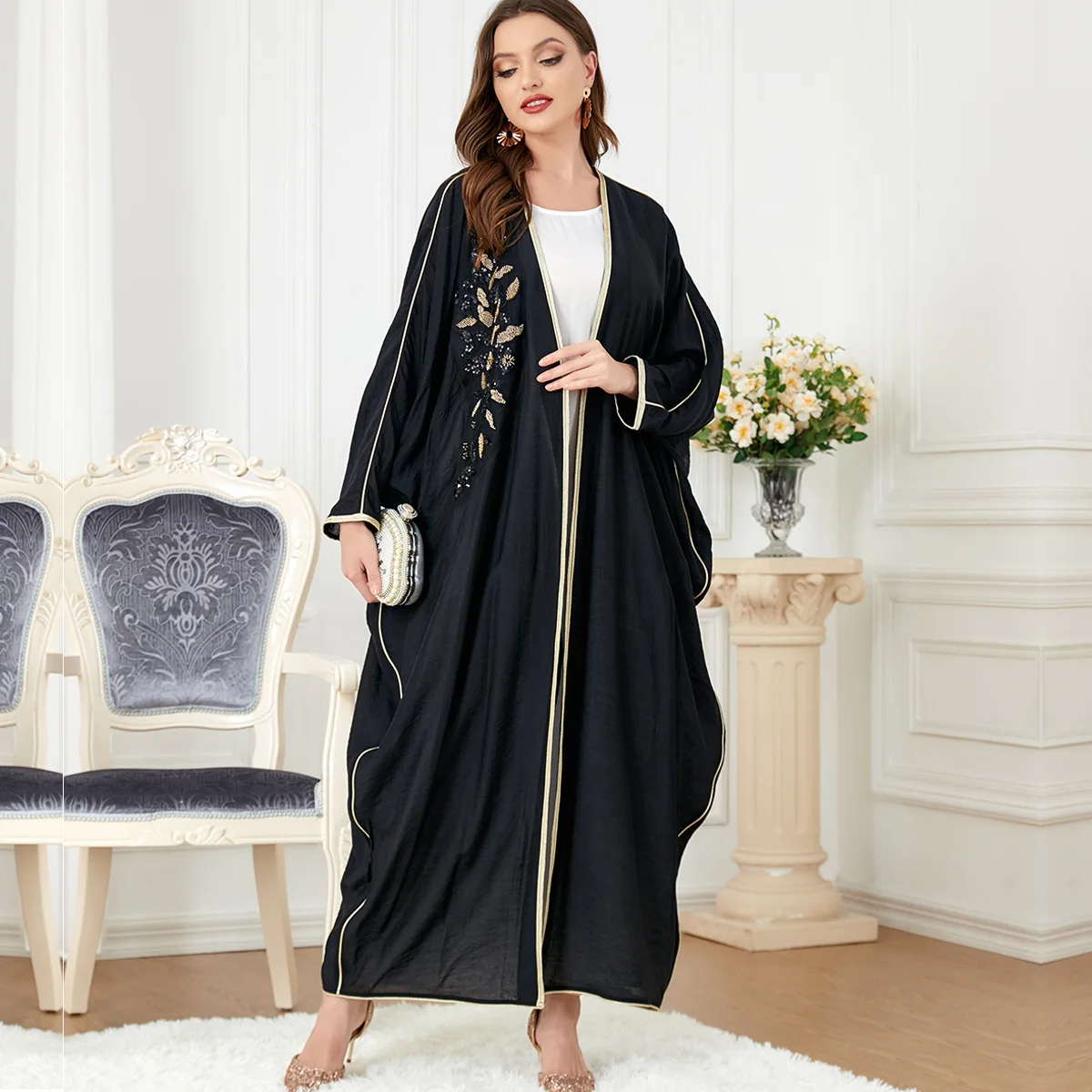 3276BNSQ Muslim women's long sleeved patchwork bat sleeve slim fit dress autumn new product