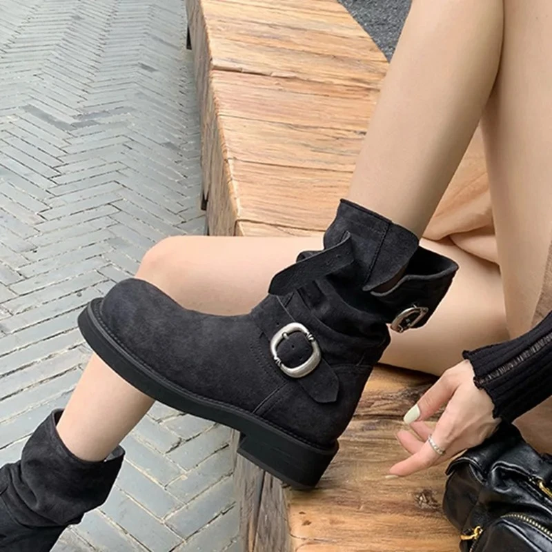 Bottines rétro en caoutchouc pour femmes, avec boucle en métal, tête ronde, polissage, Locomotive, automne 2026