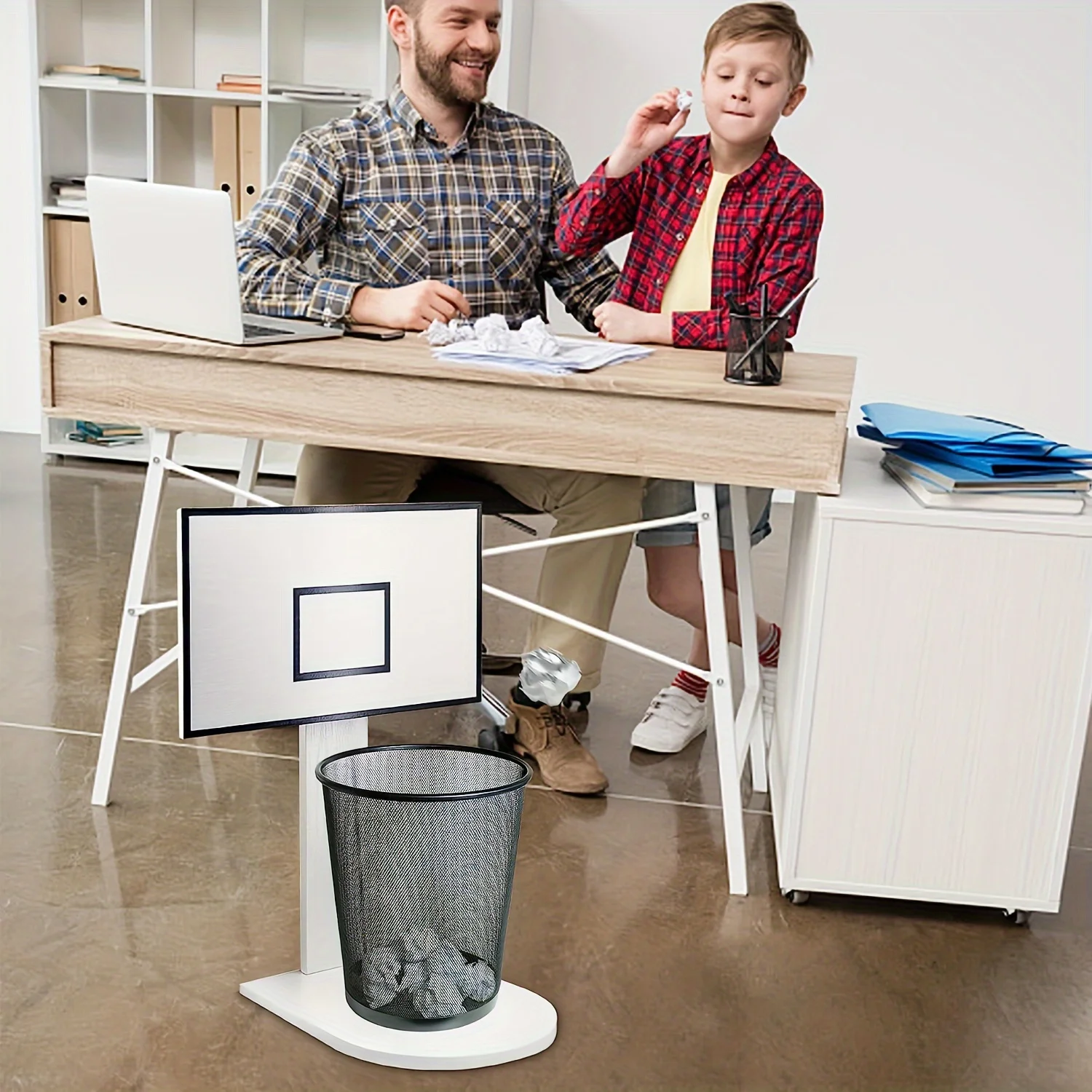 Adjustable Mini Basketball Hoop Wastebasket Stand, Novelty Office Trash Can Holder, Modern Desk Organizer, White And Silver, Dur